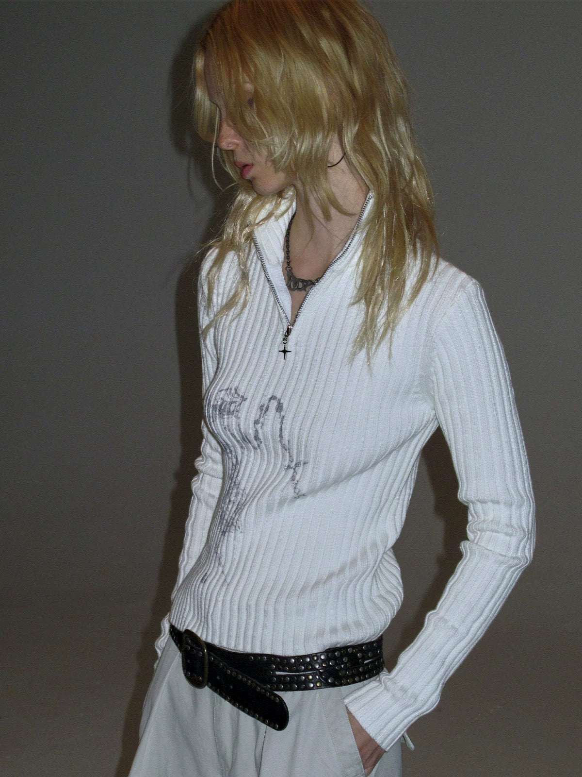 Abstract Print Ribbed Knit Half-Zip Sweater - Private property