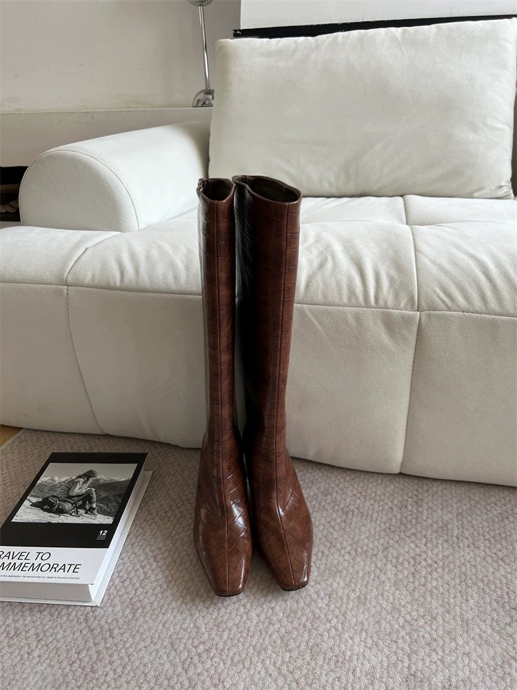 Crocodile-Embossed Leather Knee-High Boots - Private property