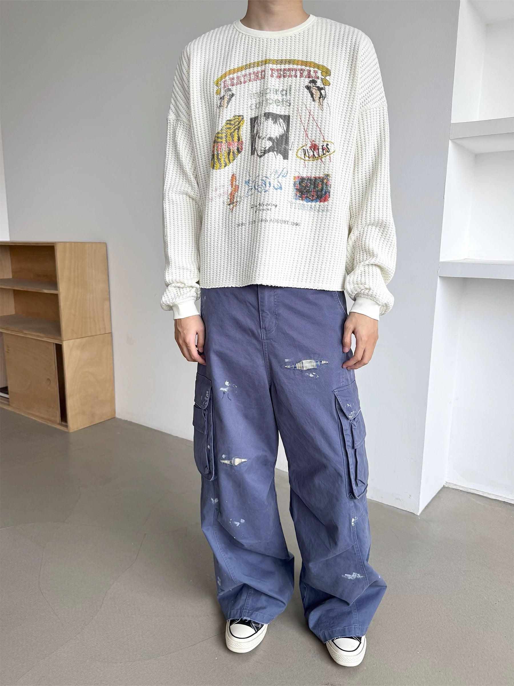 Unisex Cream Waffle Knit Long Sleeve – Reading Festival Retro Print - Private property