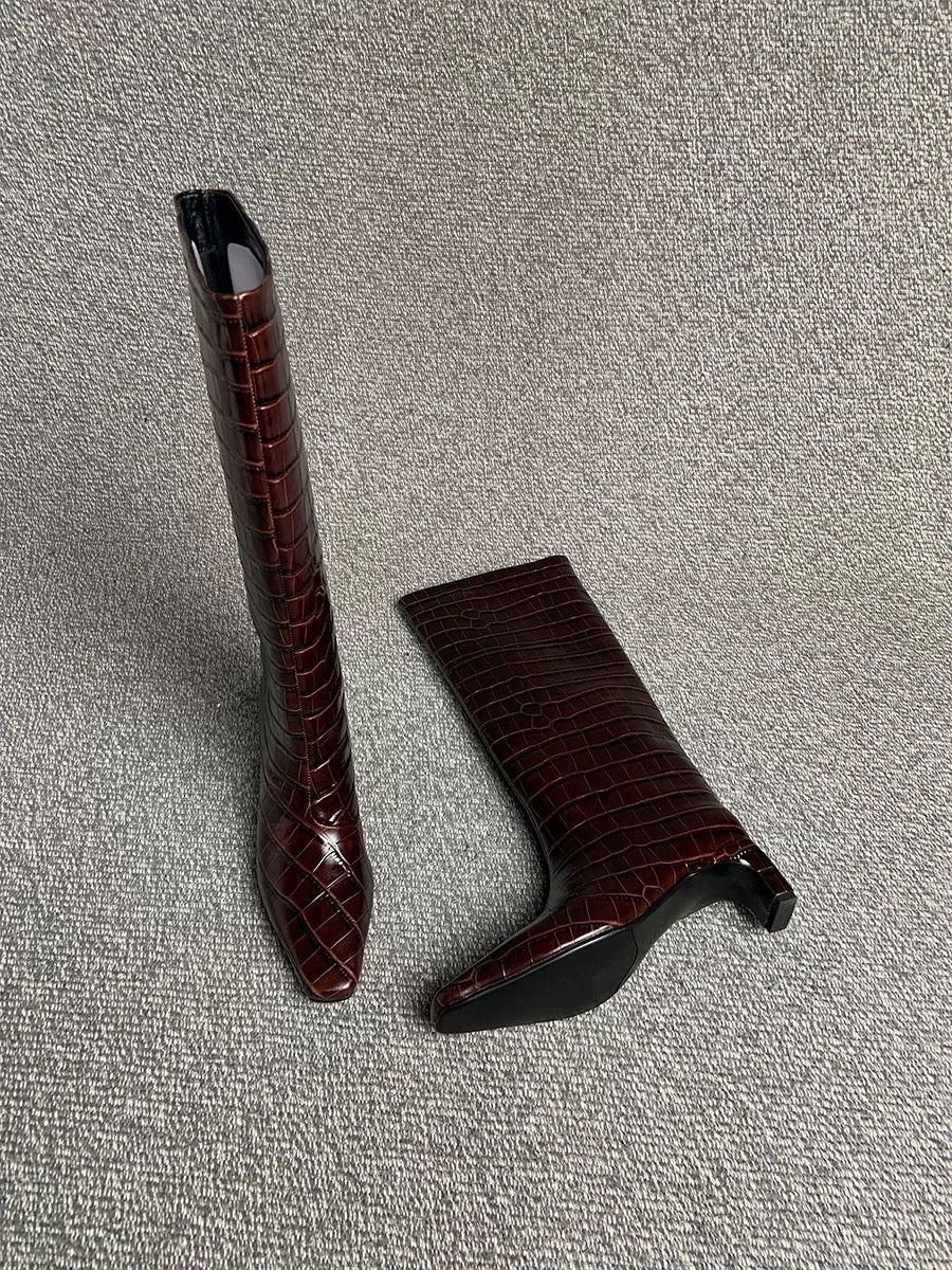 Crocodile-Embossed Leather Knee-High Boots - Private property 