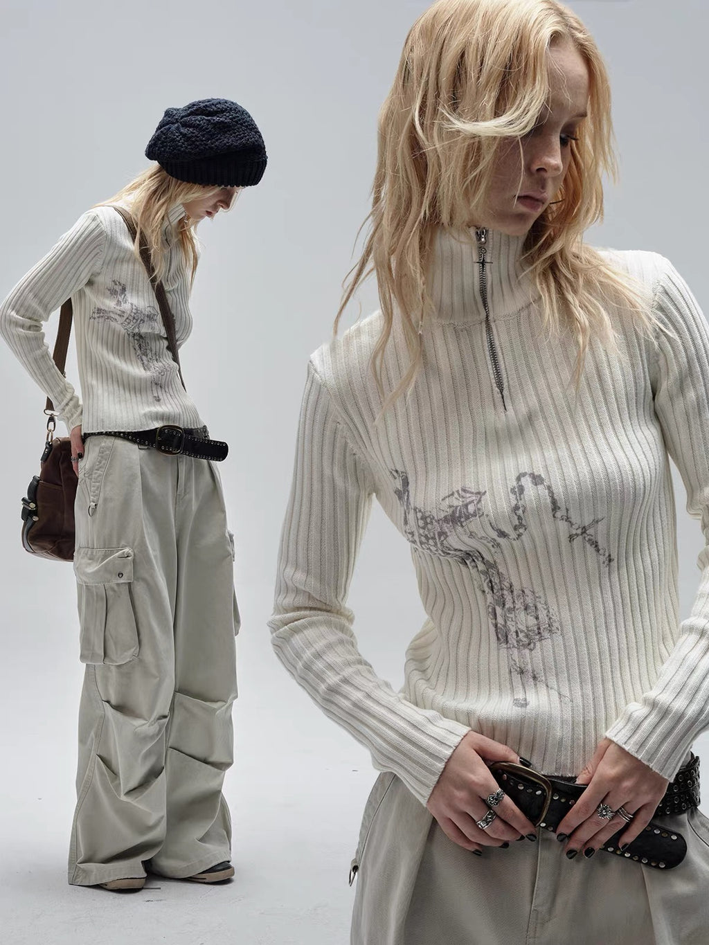 Abstract Print Ribbed Knit Half-Zip Sweater - Private property 