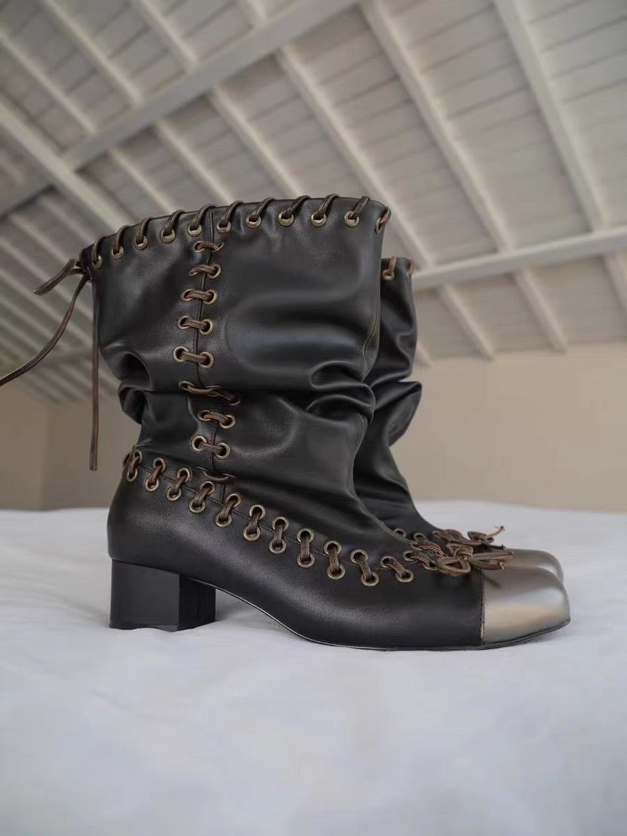 Vintage Leather ribbon lace heel boots - Private property 