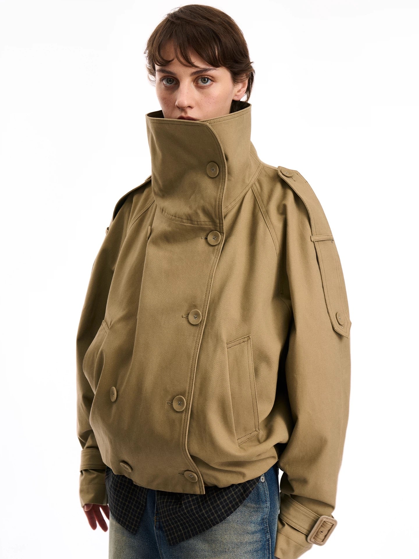 Oversized Double Button High-Neck Utility Jacket - Private property 