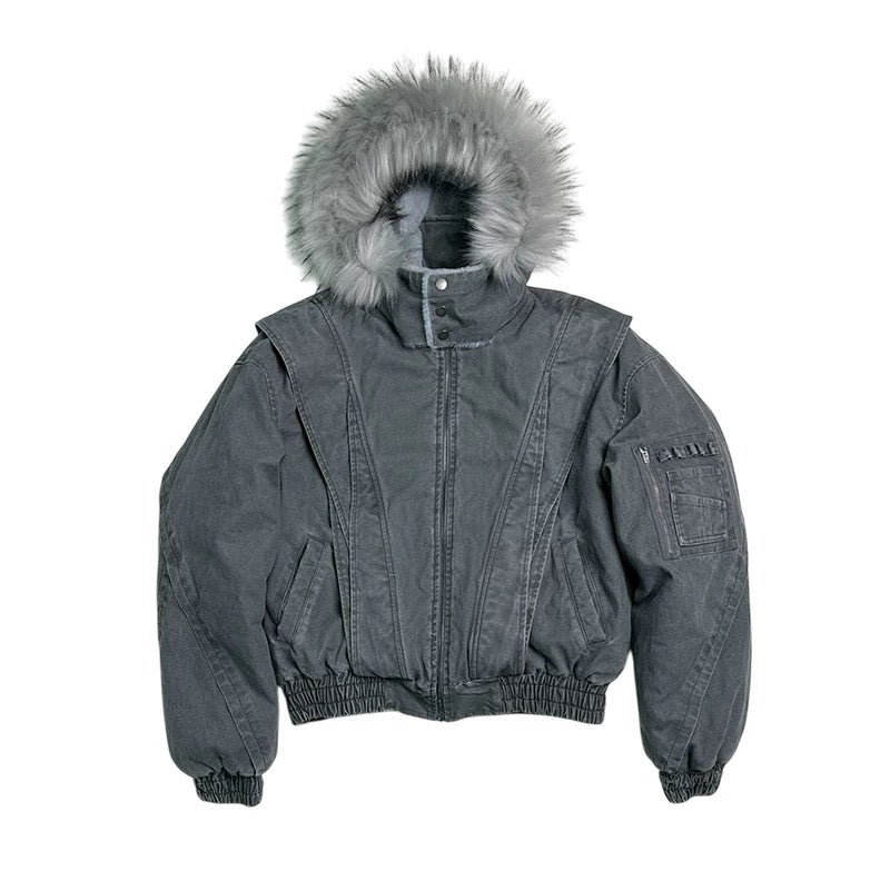 Grunge Oversized Cropped Jacket – Charcoal Bomber with Faux Fur Trim - Private property 