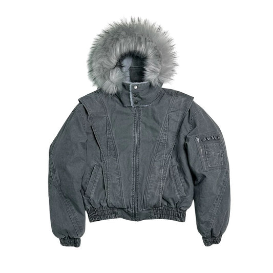 Grunge Oversized Cropped Jacket – Charcoal Bomber with Faux Fur Trim - Private property 
