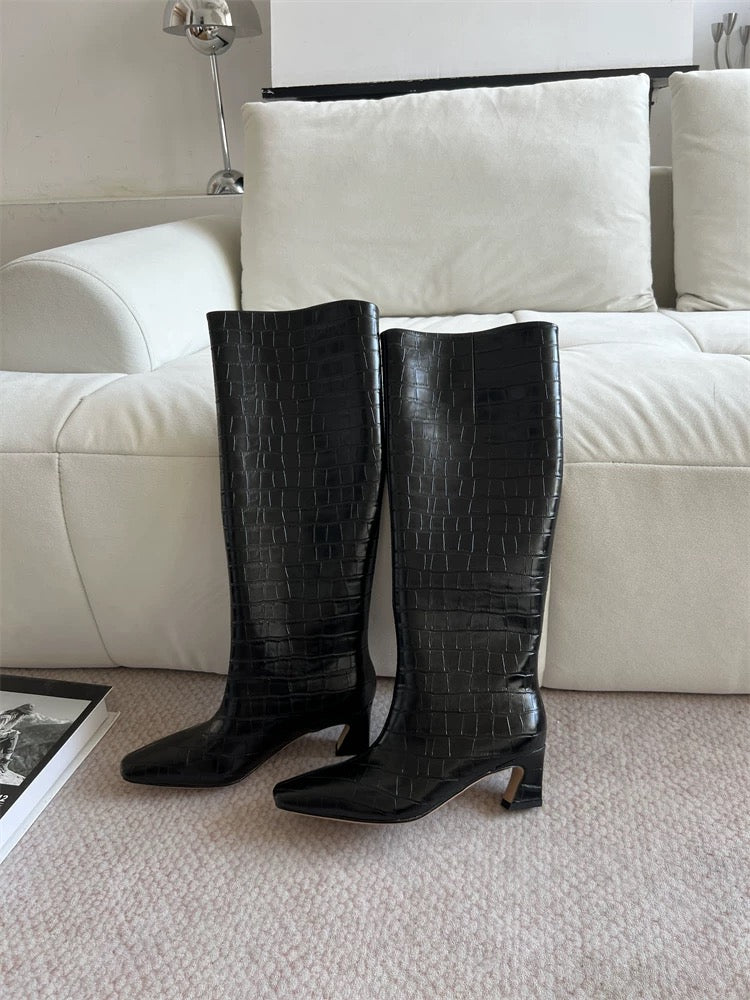 Crocodile-Embossed Leather Knee-High Boots - Private property 