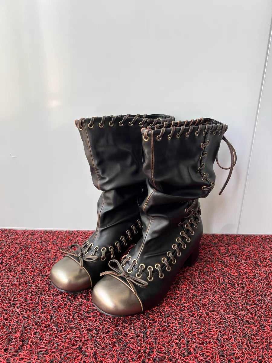 Vintage Leather ribbon lace heel boots - Private property 