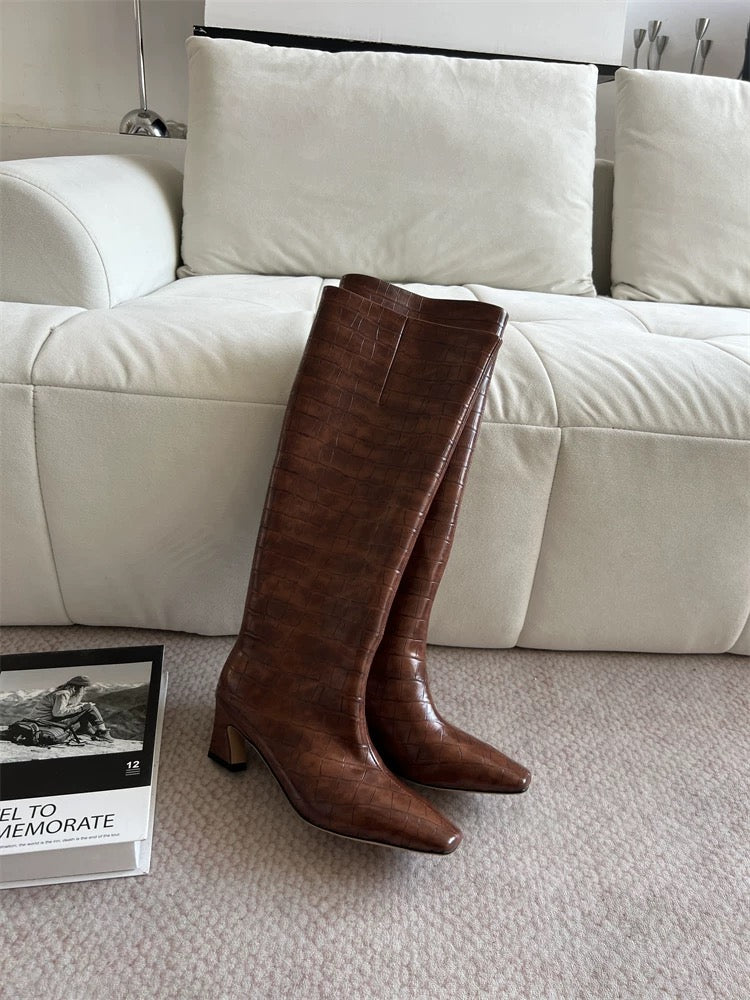 Crocodile-Embossed Leather Knee-High Boots - Private property 