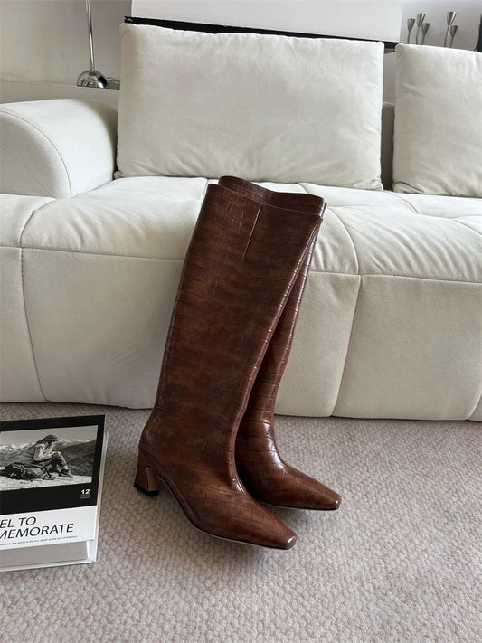 Crocodile-Embossed Leather Knee-High Boots - Private property 