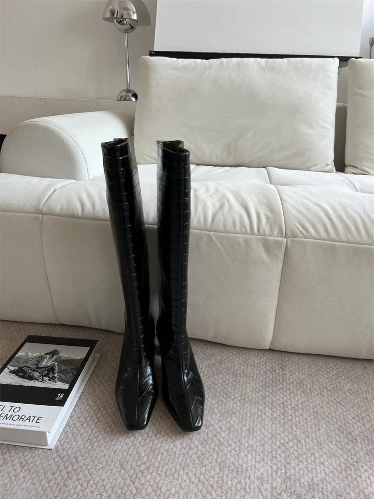 Crocodile-Embossed Leather Knee-High Boots - Private property 