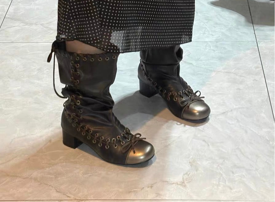 Vintage Leather ribbon lace heel boots - Private property 