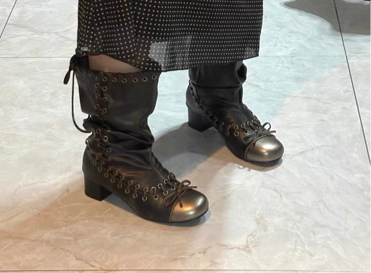 Vintage Leather ribbon lace heel boots - Private property 