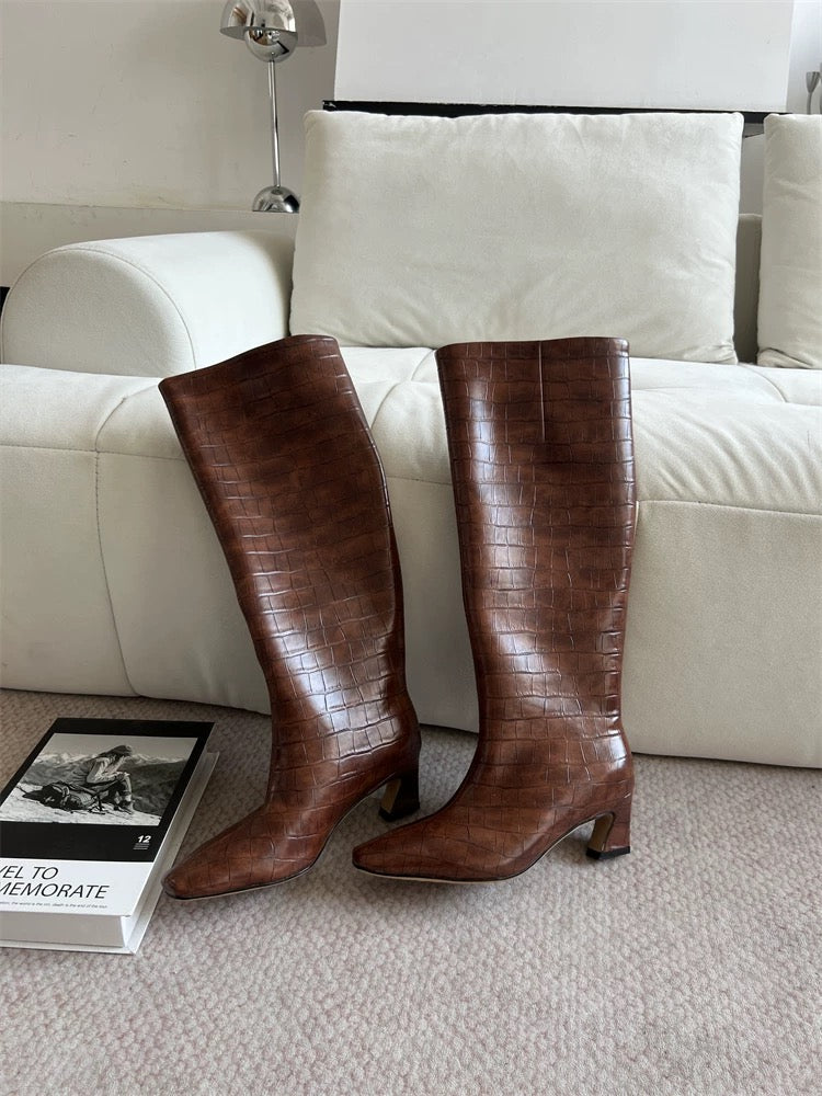 Crocodile-Embossed Leather Knee-High Boots - Private property 