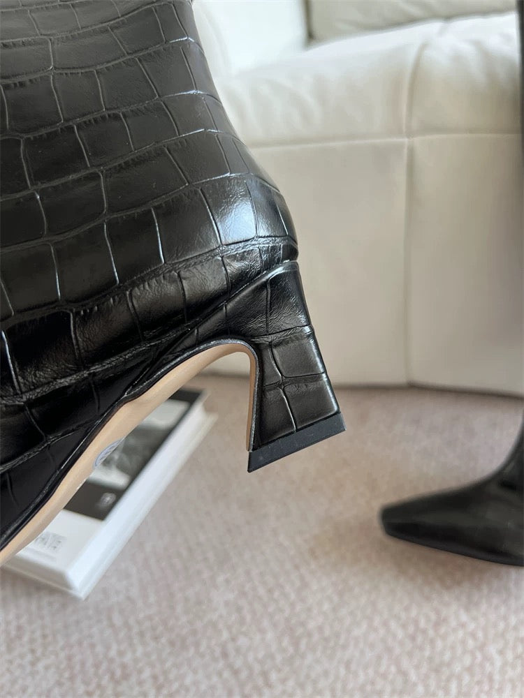 Crocodile-Embossed Leather Knee-High Boots - Private property 