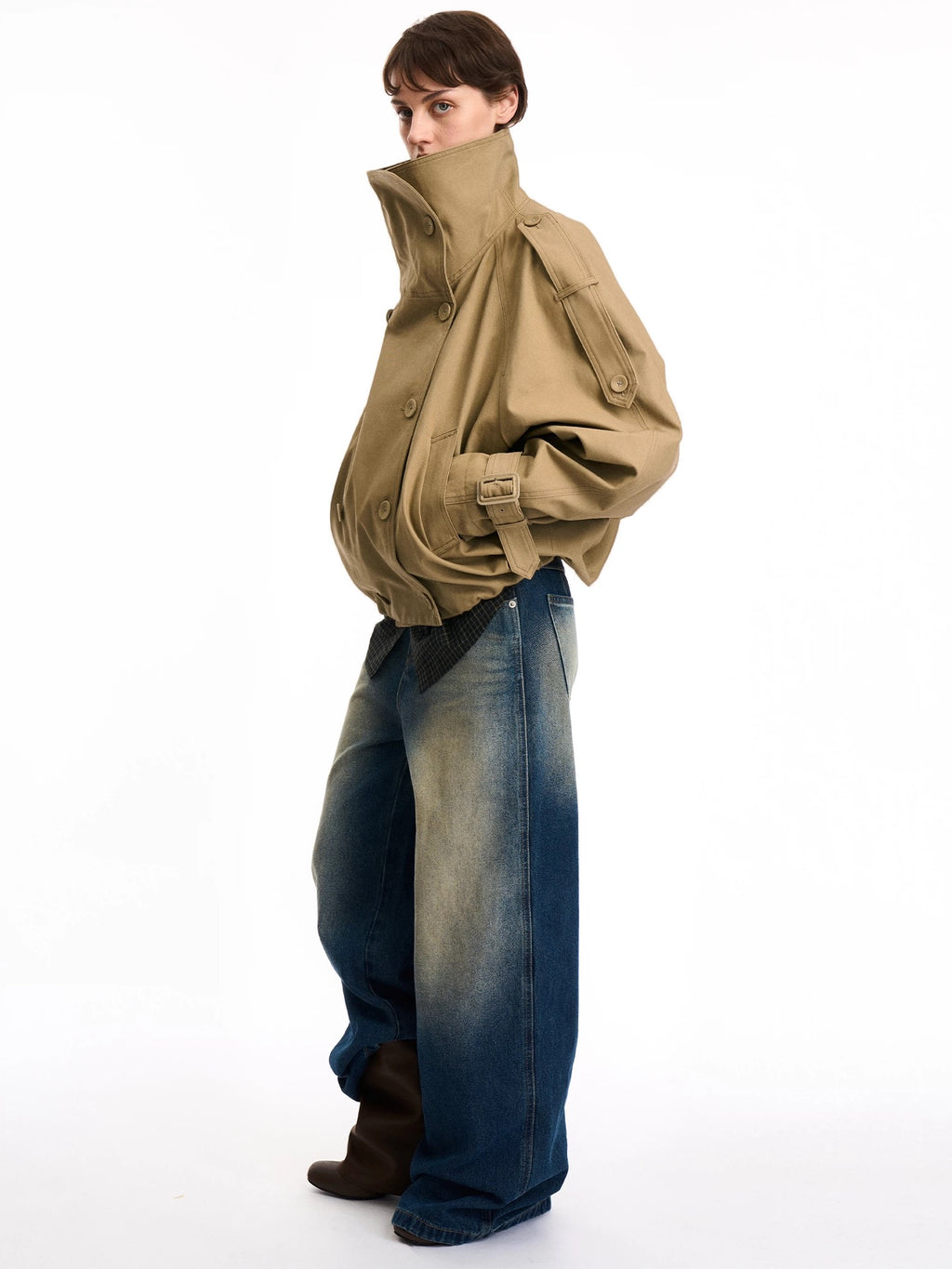 Oversized Double Button High-Neck Utility Jacket - Private property 