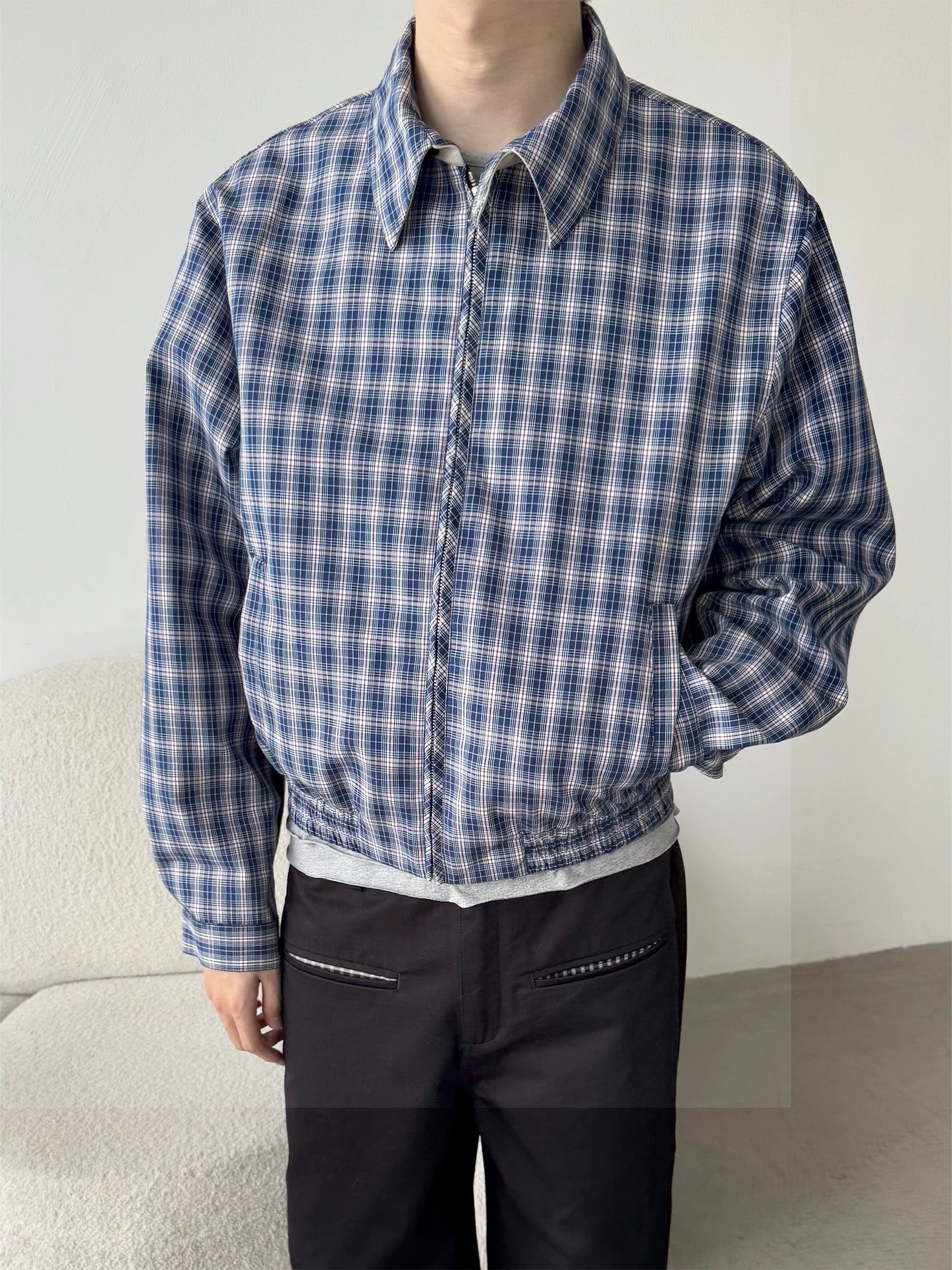 Blue Plaid Zip Jacket – Unisex Casual Outerwear
