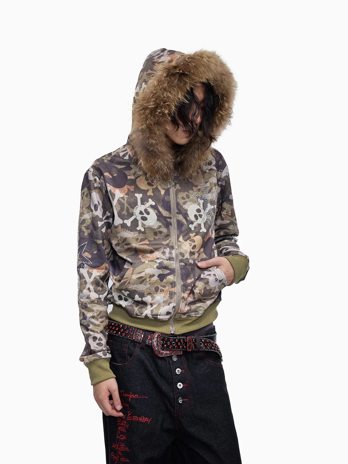 Skull Print Fur Trim Hoodie Jacket – Y2K Grunge Streetwear Zip-Up - Private property 