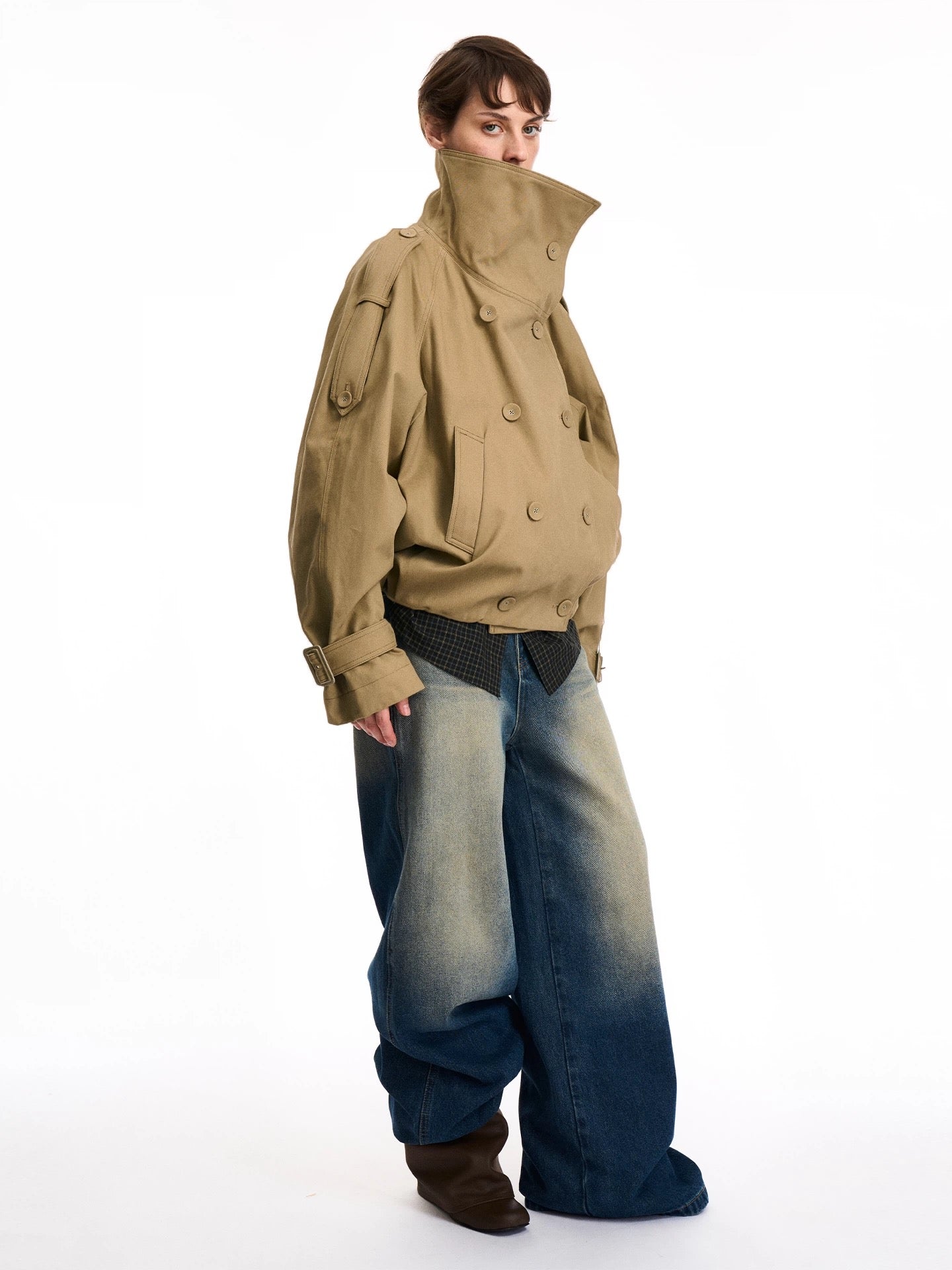 Oversized Double Button High-Neck Utility Jacket - Private property 