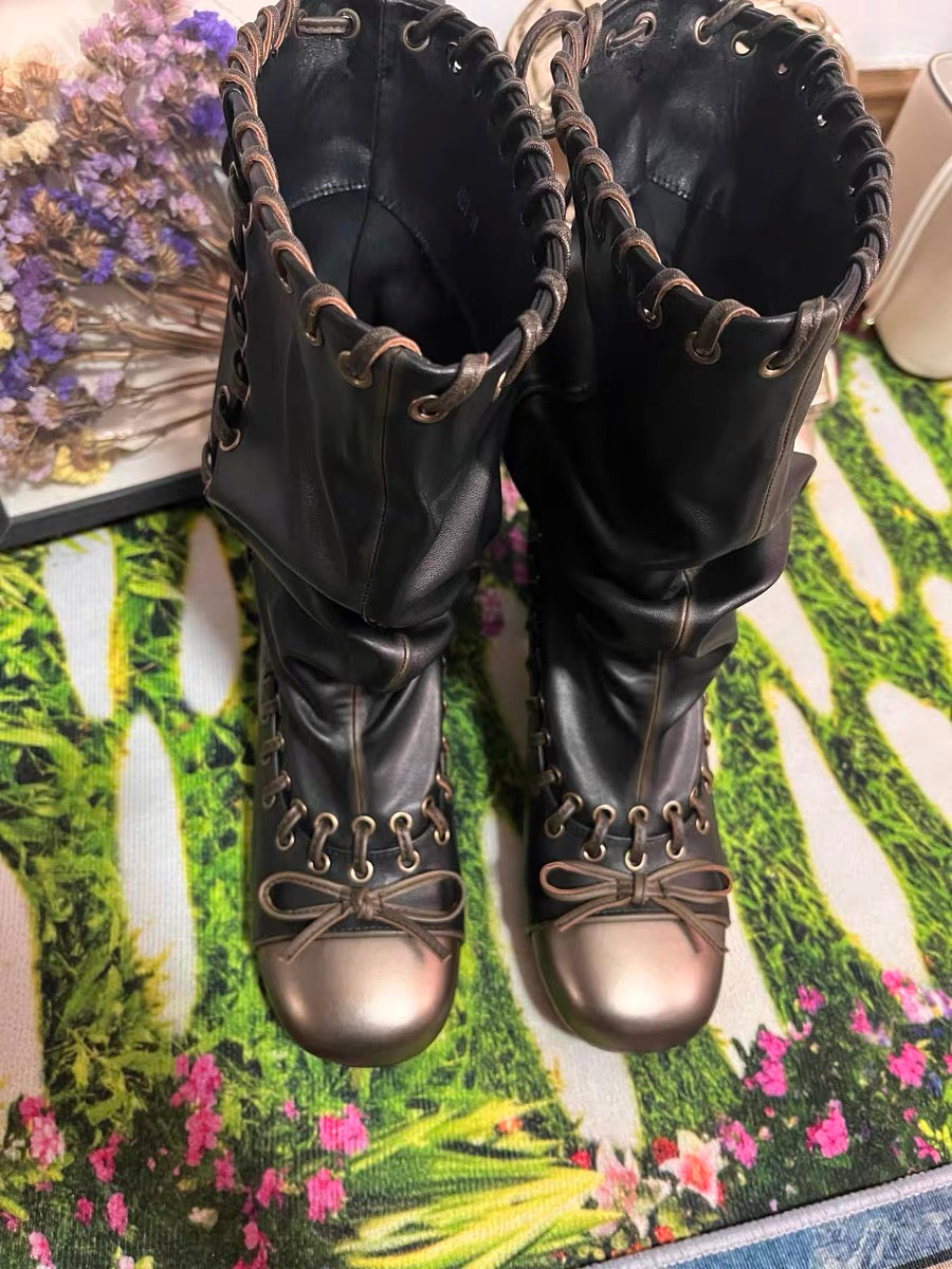 Vintage Leather ribbon lace heel boots - Private property 