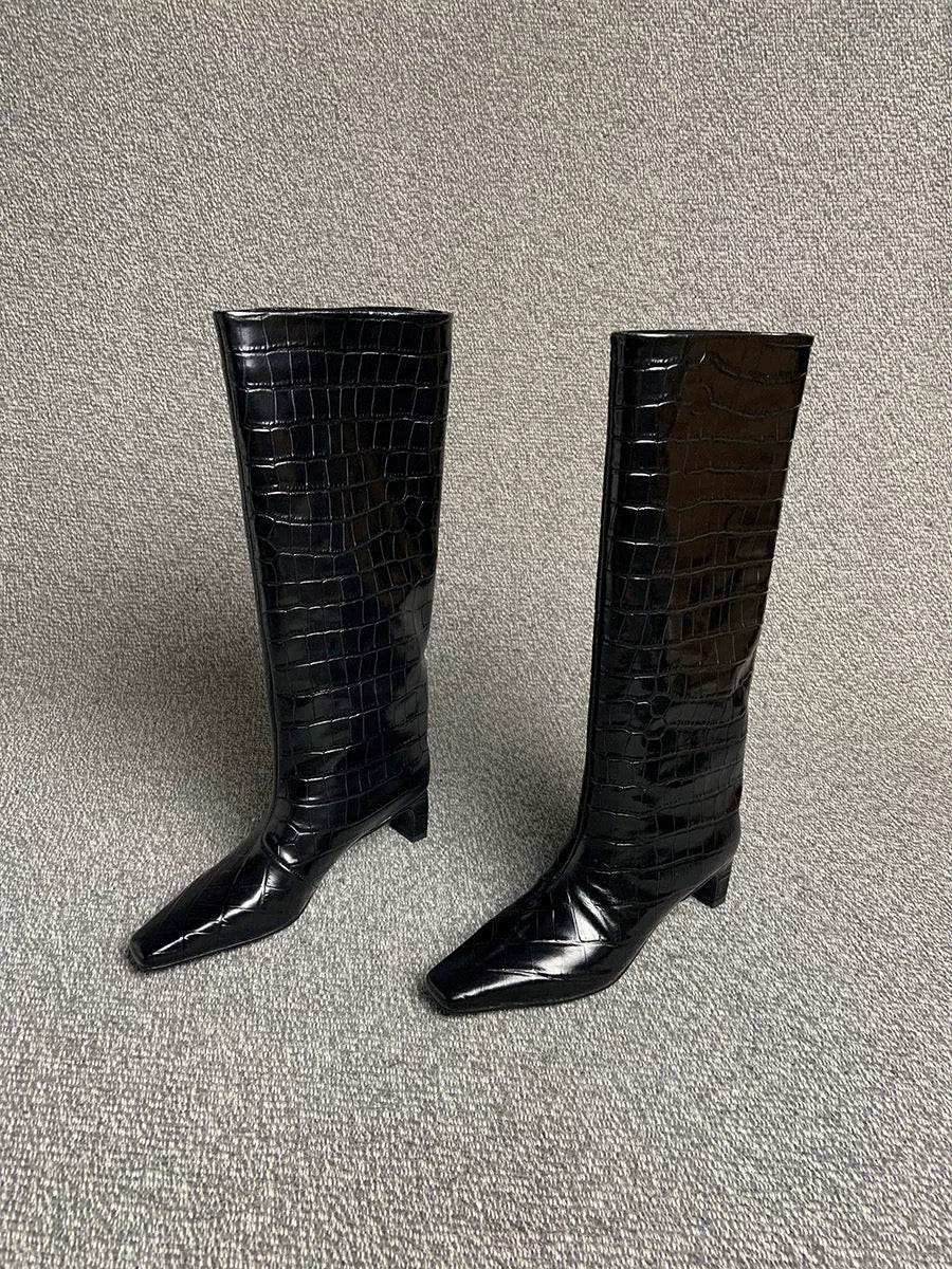 Crocodile-Embossed Leather Knee-High Boots - Private property 