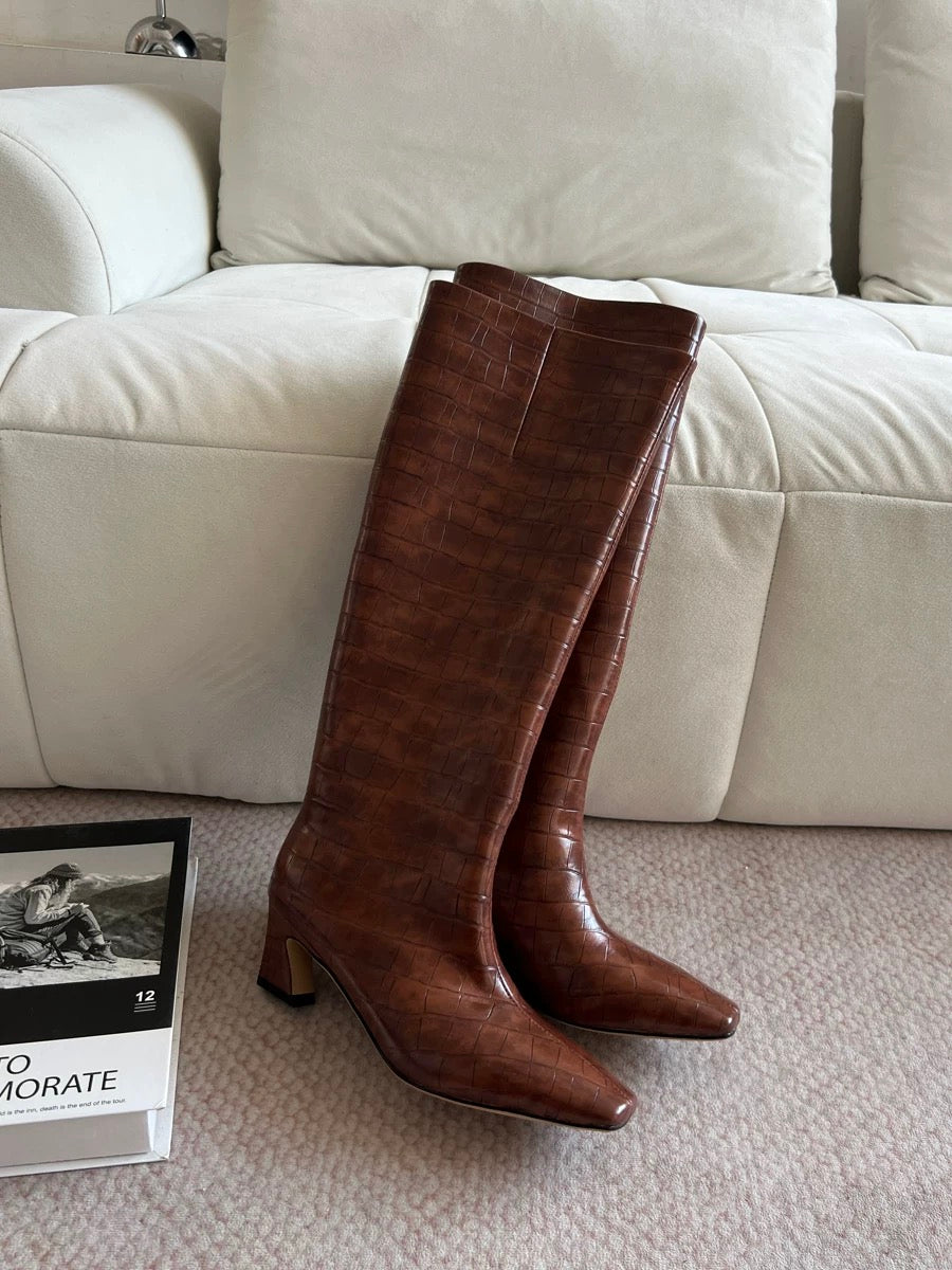 Crocodile-Embossed Leather Knee-High Boots - Private property 