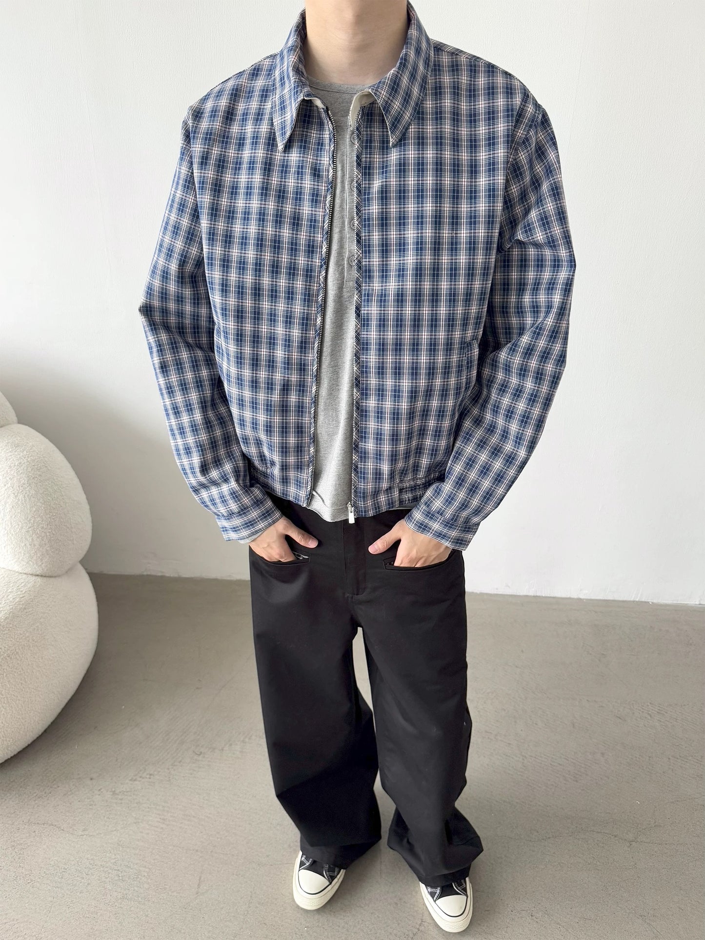 Blue Plaid Zip Jacket – Unisex Casual Outerwear