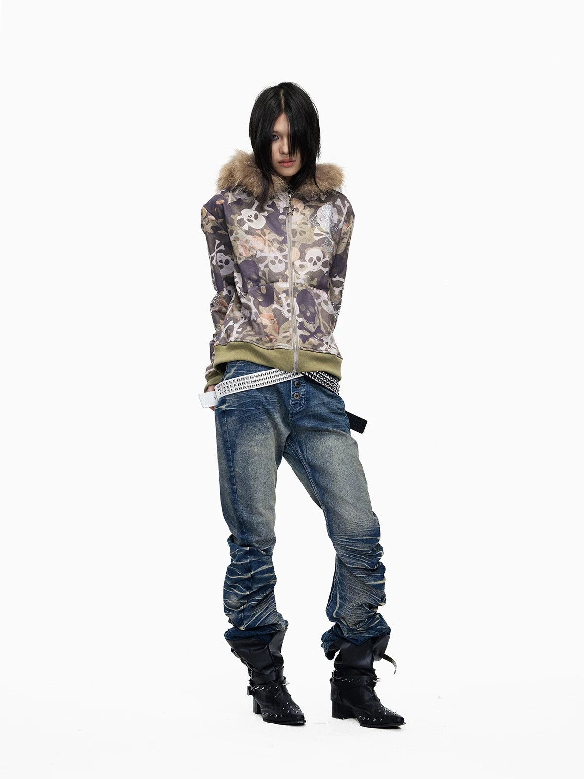 Skull Print Fur Trim Hoodie Jacket – Y2K Grunge Streetwear Zip-Up - Private property 