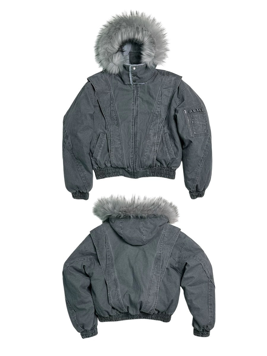 Grunge Oversized Cropped Jacket – Charcoal Bomber with Faux Fur Trim - Private property 