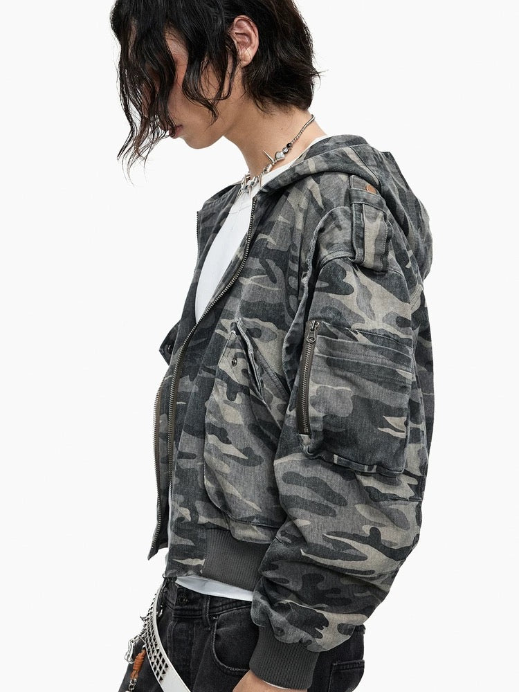 Washed Camo Bomber Hoodie Jacket – Oversized Streetwear Military Style - Private property 