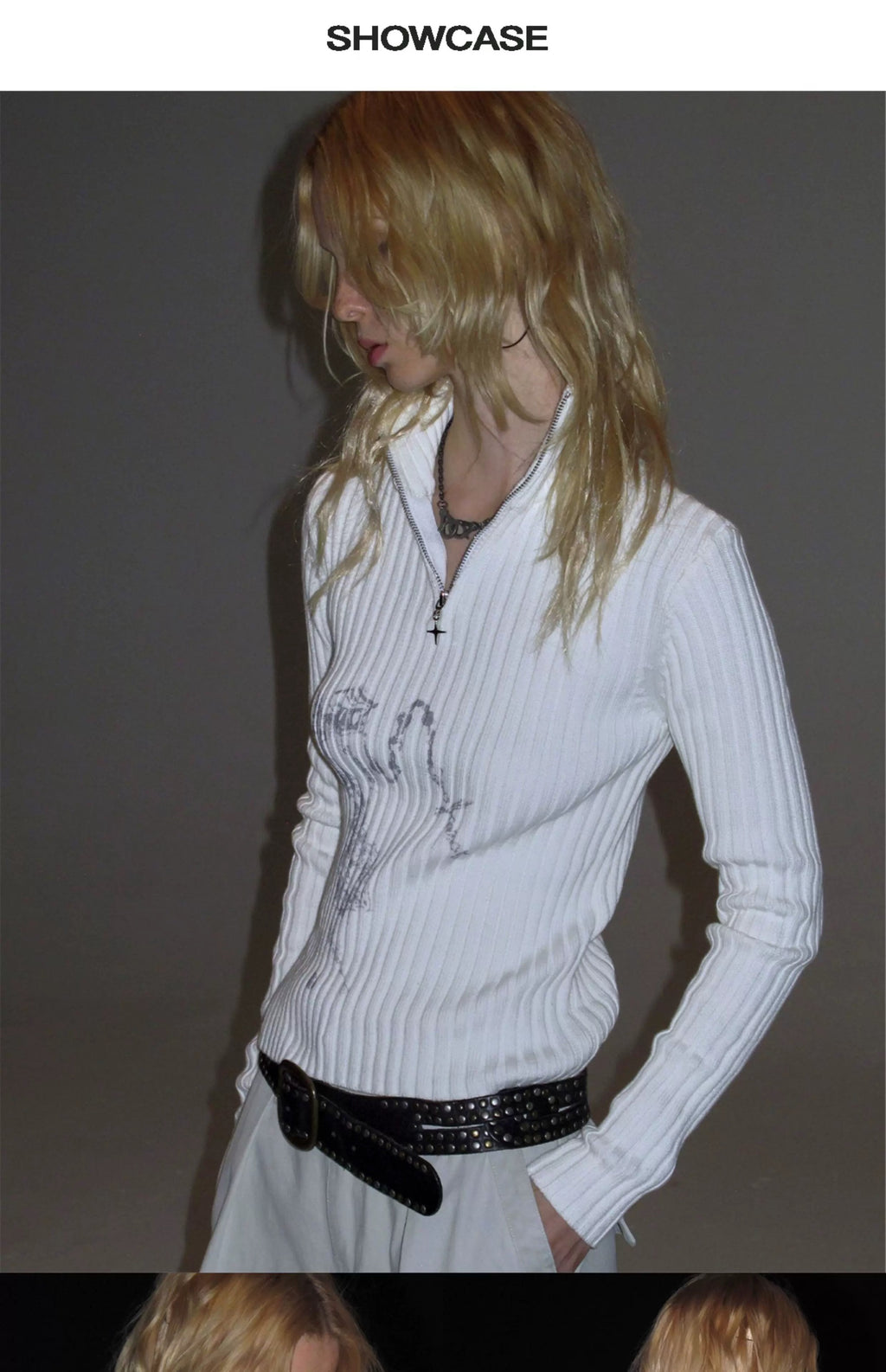 Abstract Print Ribbed Knit Half-Zip Sweater - Private property 