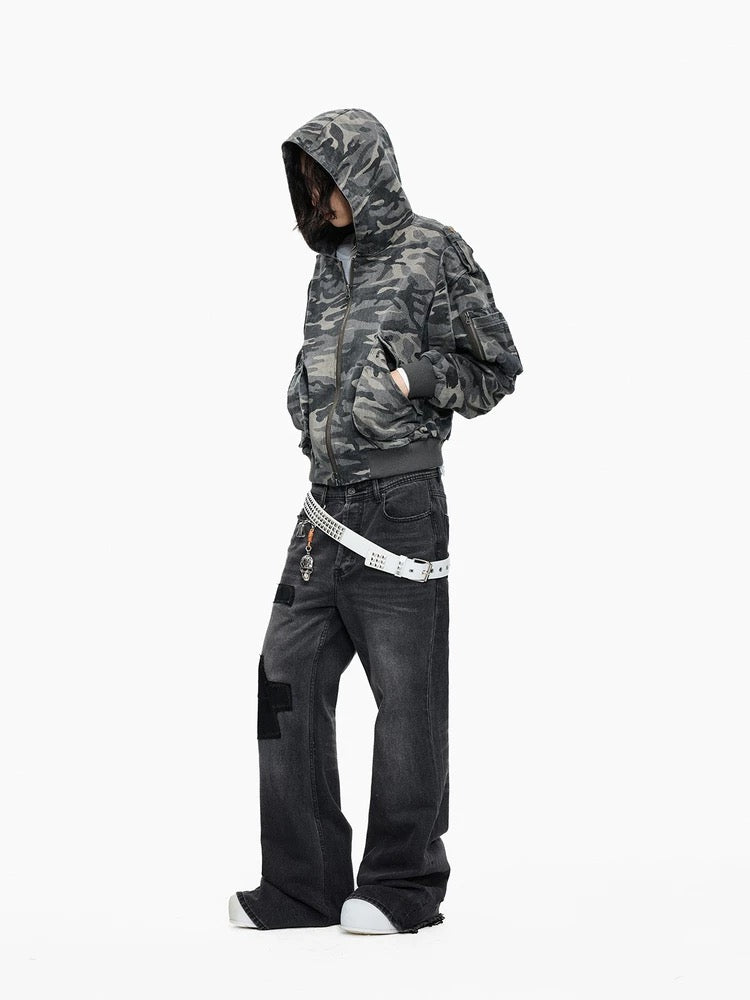 Washed Camo Bomber Hoodie Jacket – Oversized Streetwear Military Style - Private property 