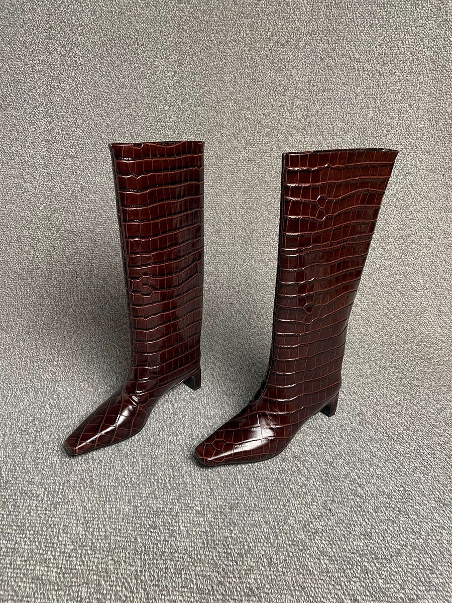 Crocodile-Embossed Leather Knee-High Boots - Private property 