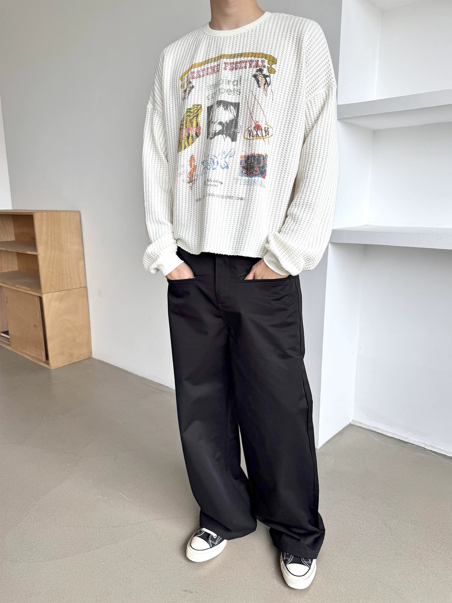 Unisex Cream Waffle Knit Long Sleeve – Reading Festival Retro Print - Private property 