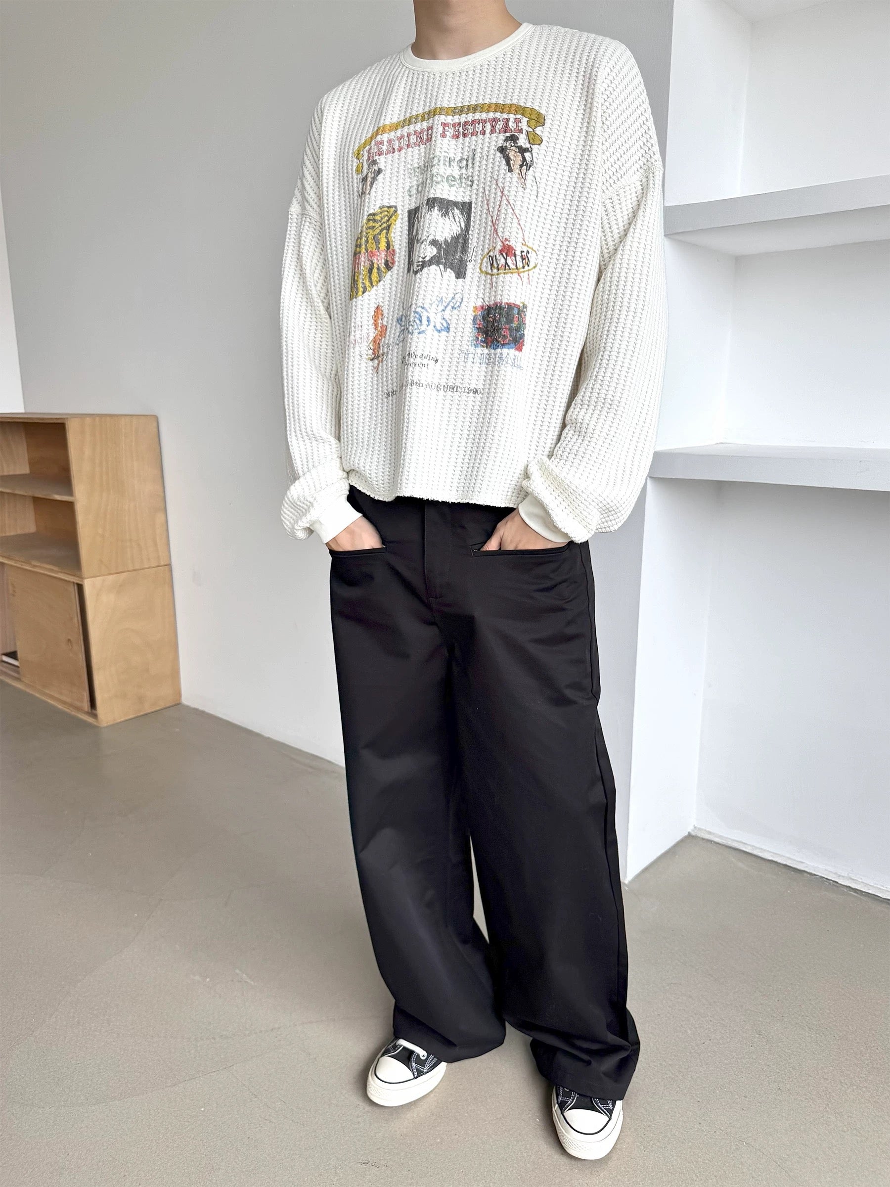 Unisex Cream Waffle Knit Long Sleeve – Reading Festival Retro Print - Private property 