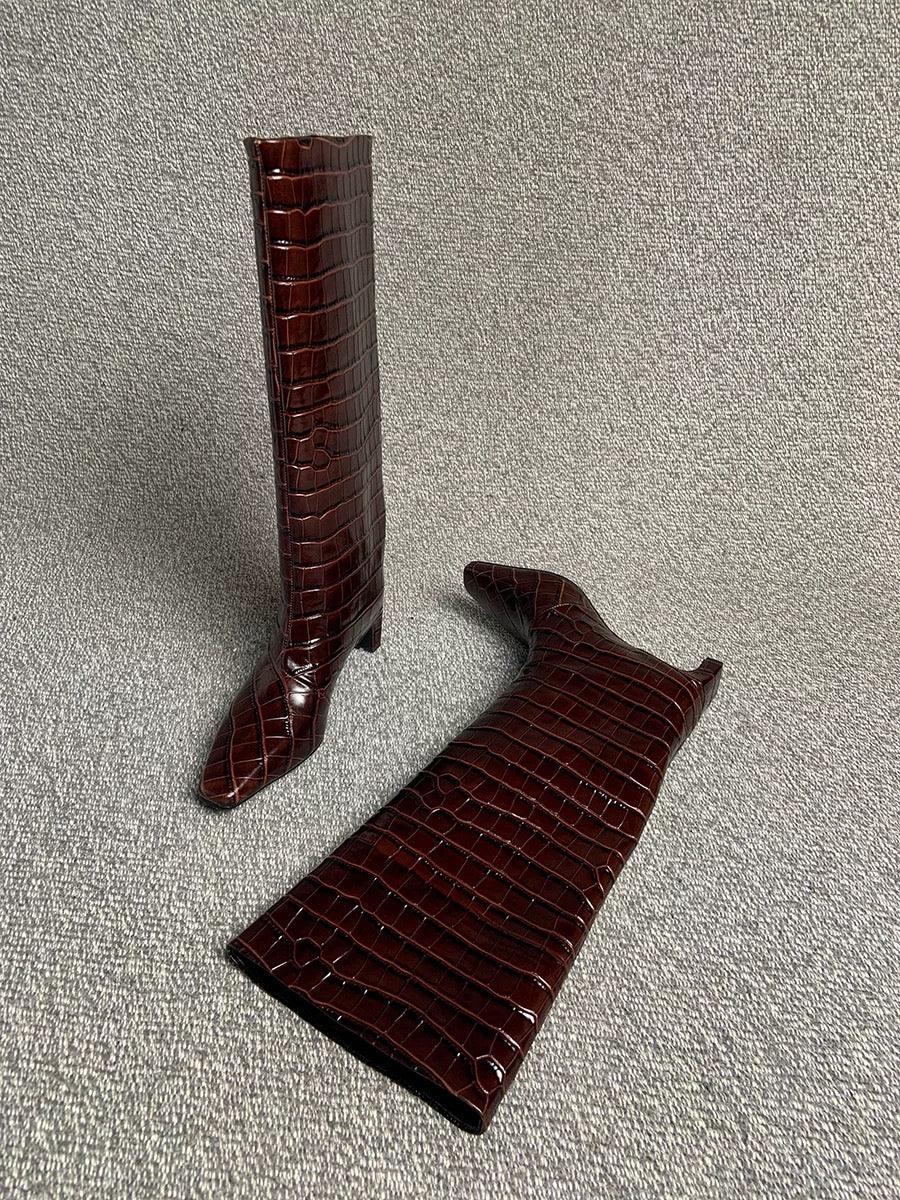 Crocodile-Embossed Leather Knee-High Boots - Private property 