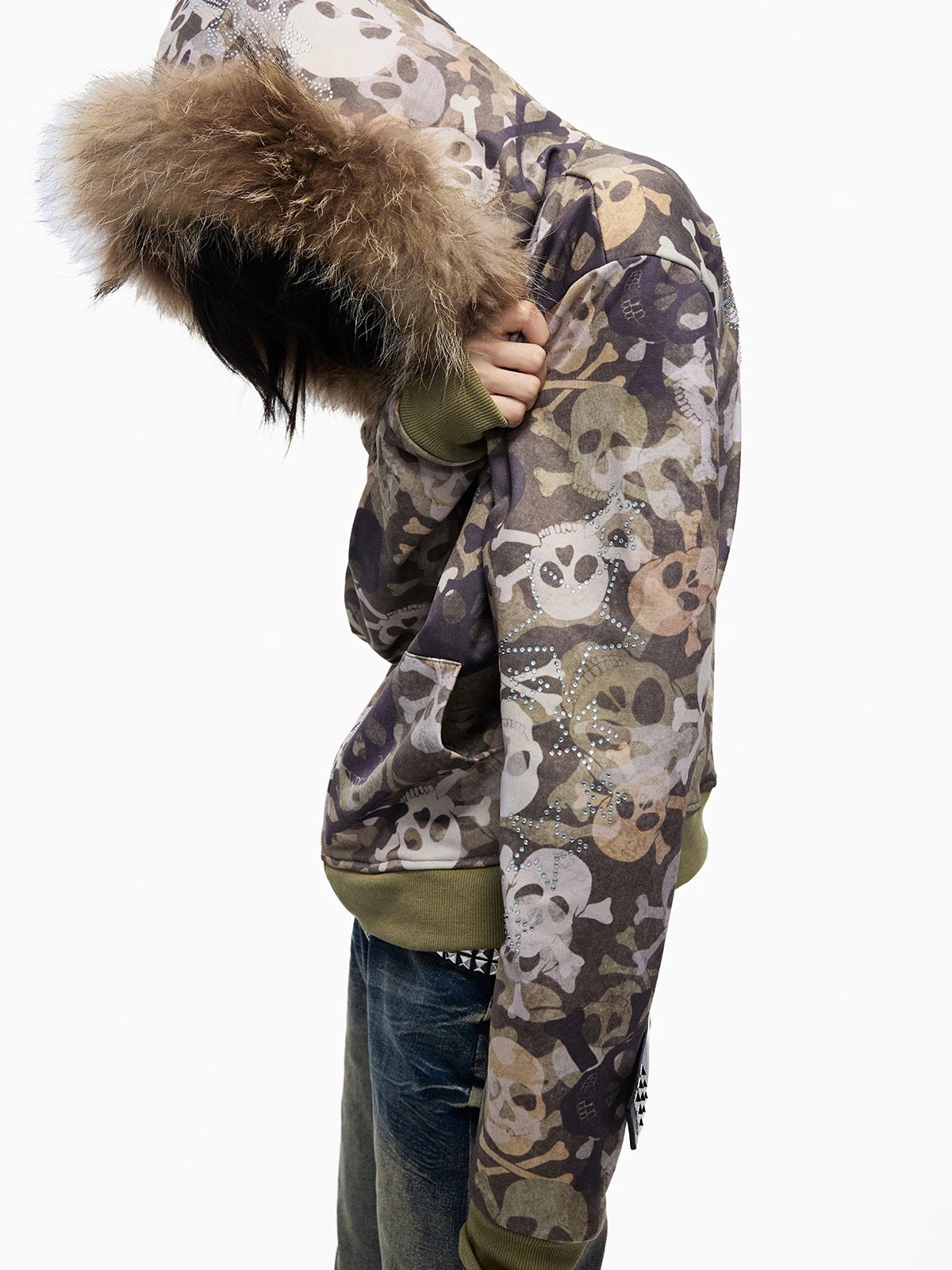 Skull Print Fur Trim Hoodie Jacket – Y2K Grunge Streetwear Zip-Up - Private property 
