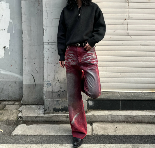 Vintage Flame Washed Red Flare Jeans – Streetwear Statement Piece - Private property 