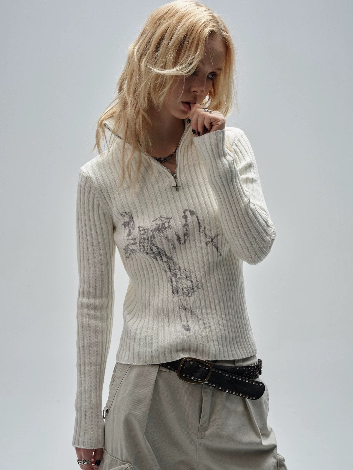 Abstract Print Ribbed Knit Half-Zip Sweater - Private property 