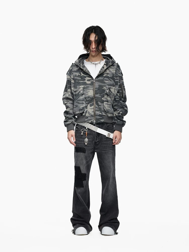 Washed Camo Bomber Hoodie Jacket – Oversized Streetwear Military Style - Private property 