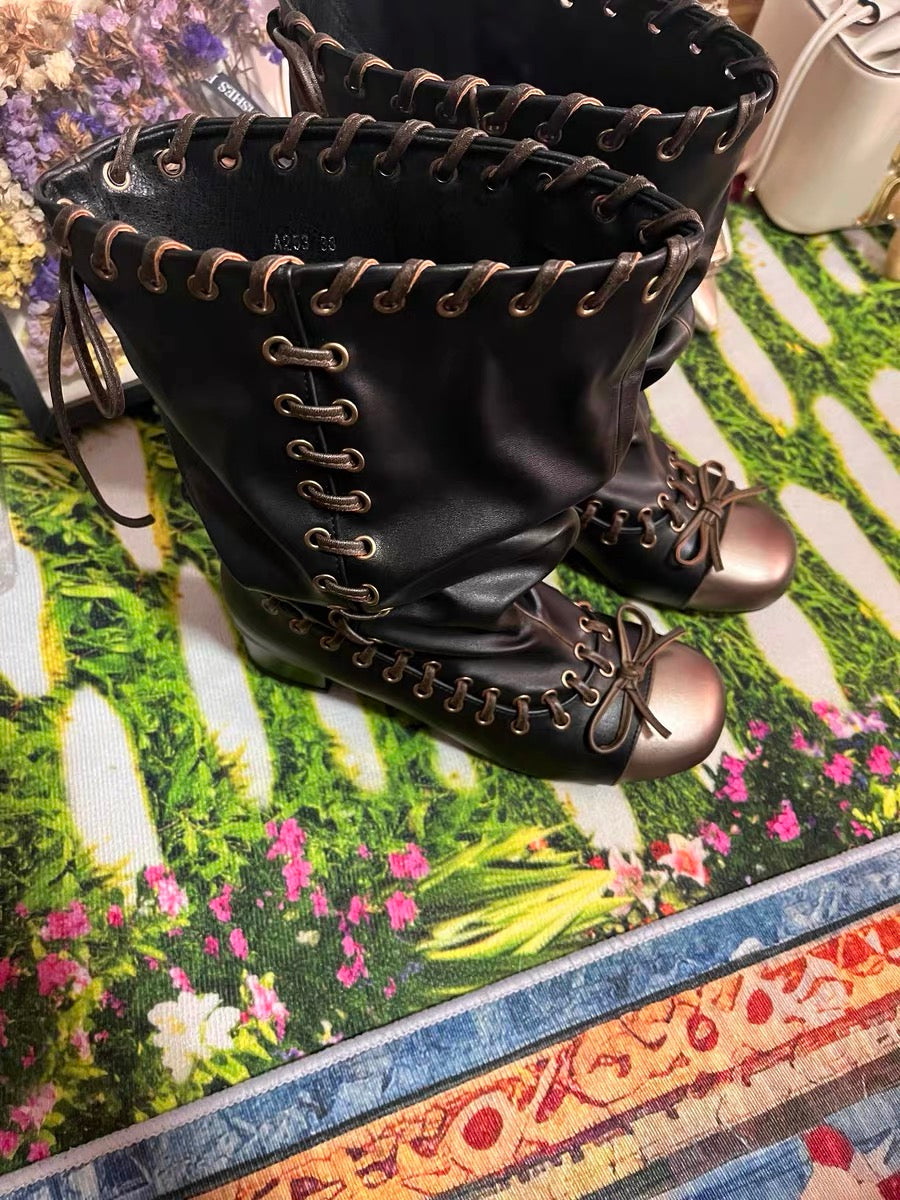 Vintage Leather ribbon lace heel boots - Private property 