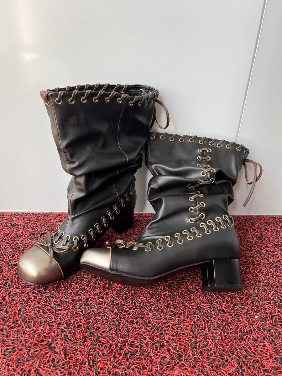 Vintage Leather ribbon lace heel boots - Private property 