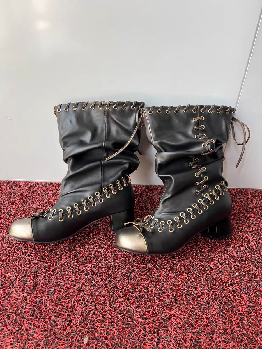 Vintage Leather ribbon lace heel boots - Private property 