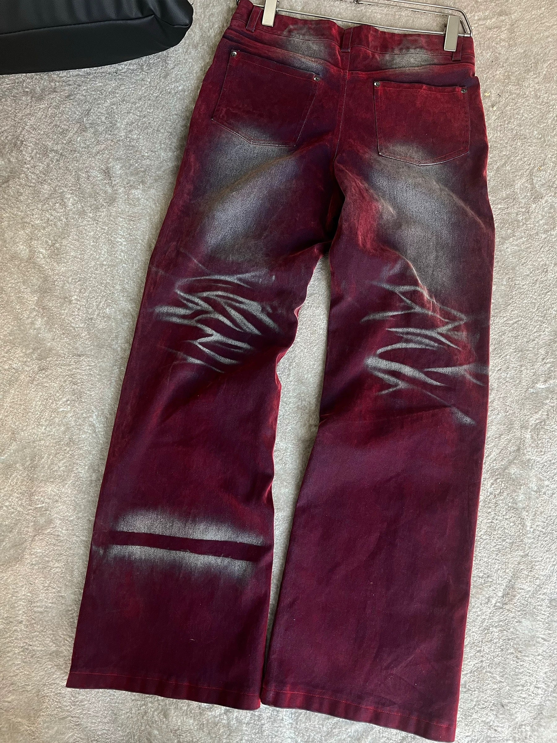 Vintage Flame Washed Red Flare Jeans – Streetwear Statement Piece - Private property 