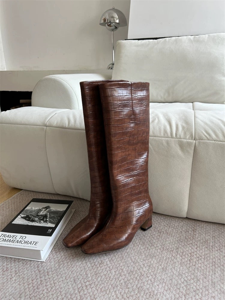 Crocodile-Embossed Leather Knee-High Boots - Private property 