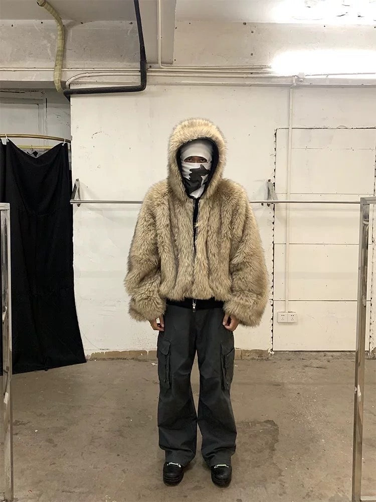 Black fur reversible puffer