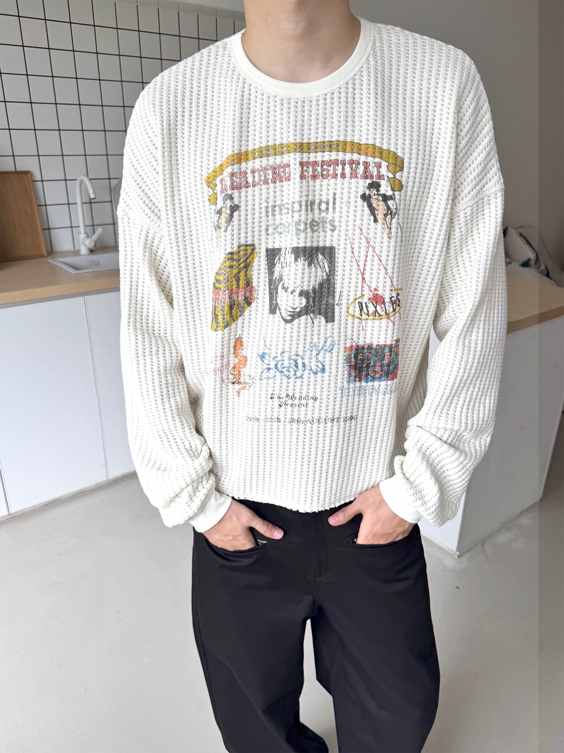 Unisex Cream Waffle Knit Long Sleeve – Reading Festival Retro Print - Private property 