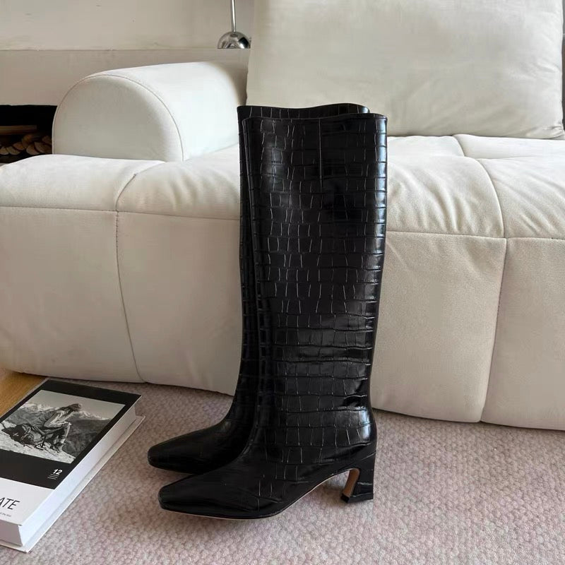Crocodile-Embossed Leather Knee-High Boots - Private property 