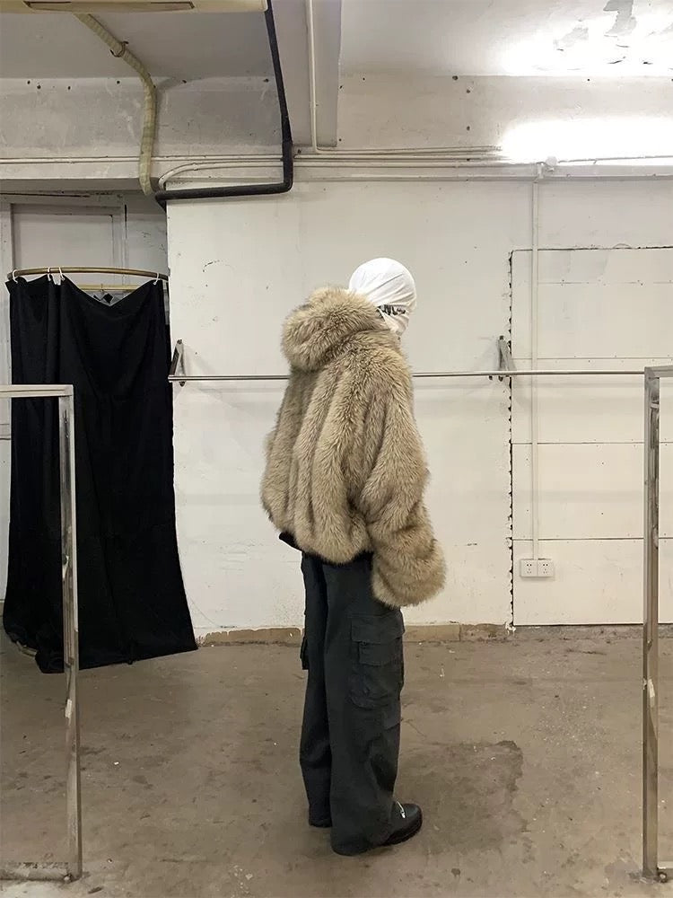 Black fur reversible puffer