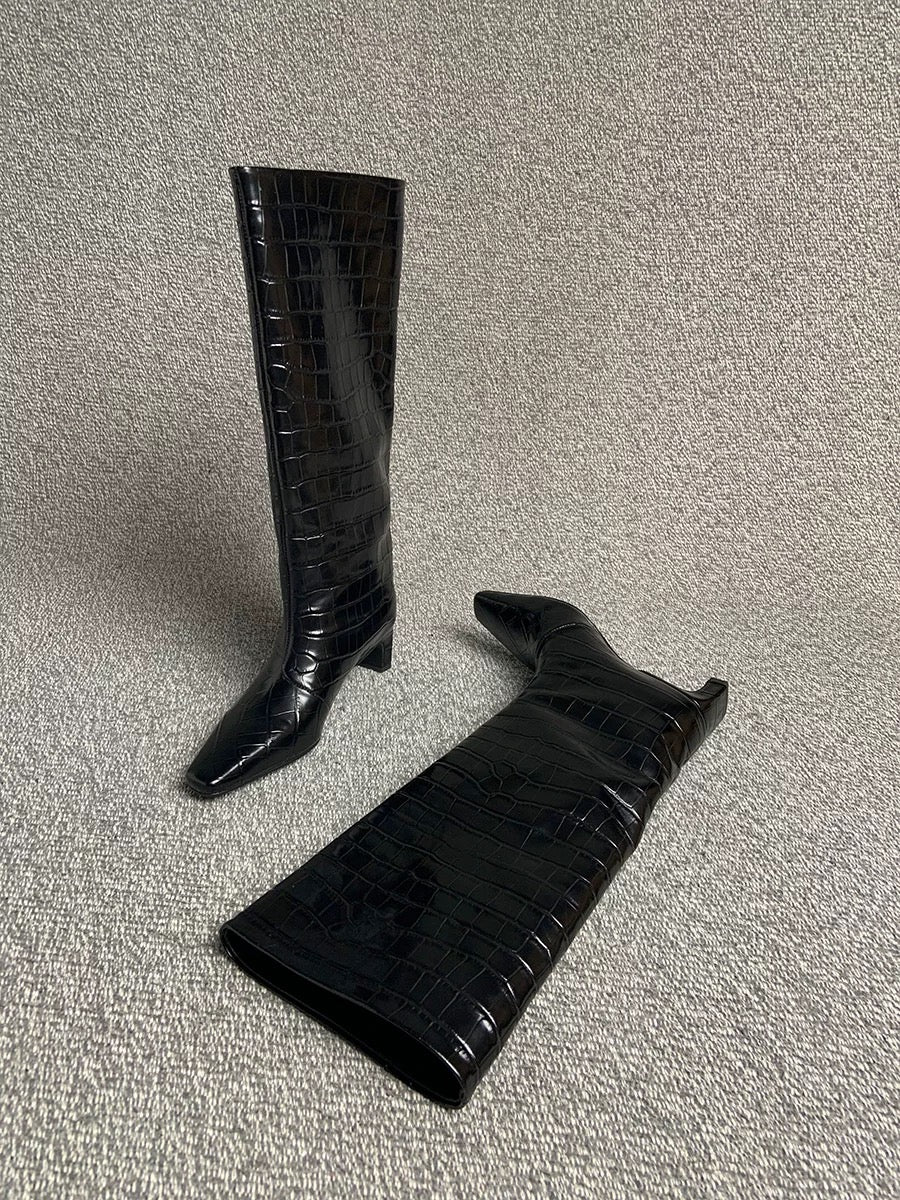 Crocodile-Embossed Leather Knee-High Boots - Private property 