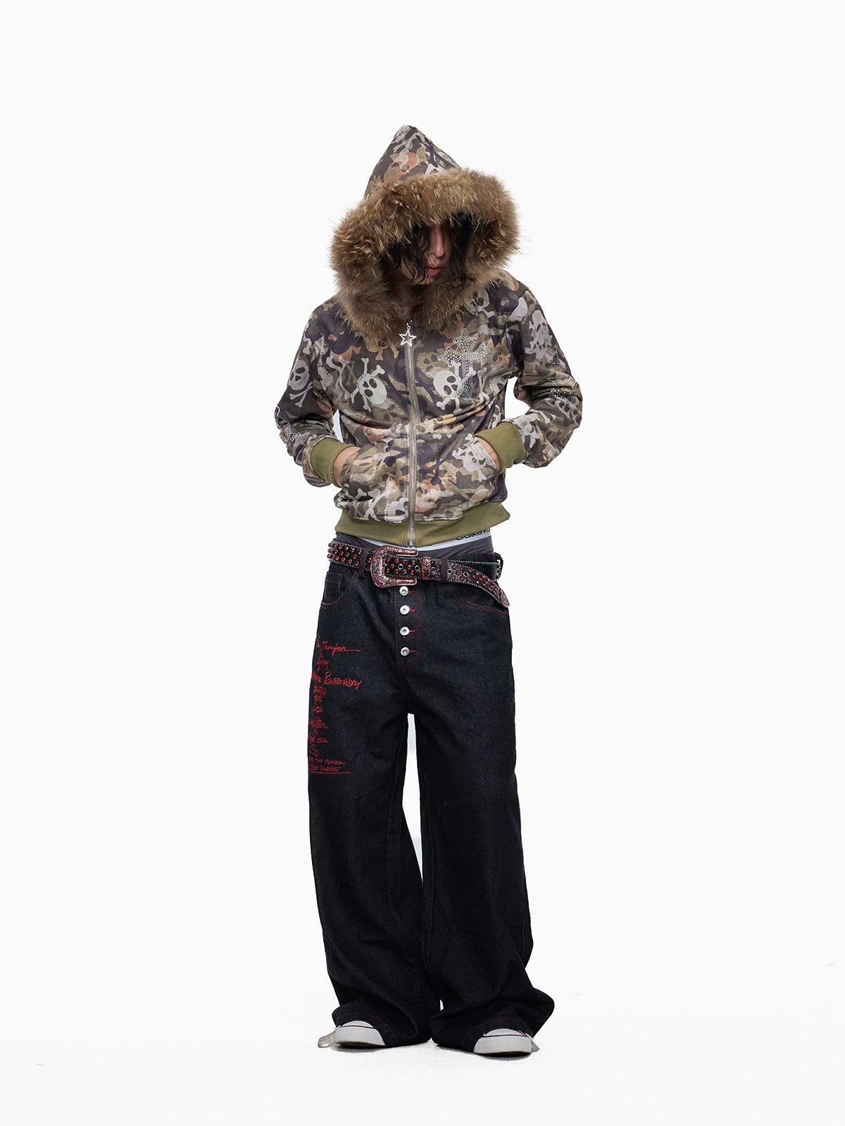 Skull Print Fur Trim Hoodie Jacket – Y2K Grunge Streetwear Zip-Up - Private property 